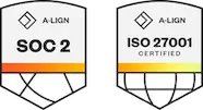 Image of two badges side by side: one reads 'SOC 2,' and the other reads 'ISO 27001 Certified.' These badges symbolize the business's compliance with SOC 2 standards and ISO 27001 requirements, demonstrating a commitment to security, availability, processing integrity, confidentiality, privacy, and robust information security management.